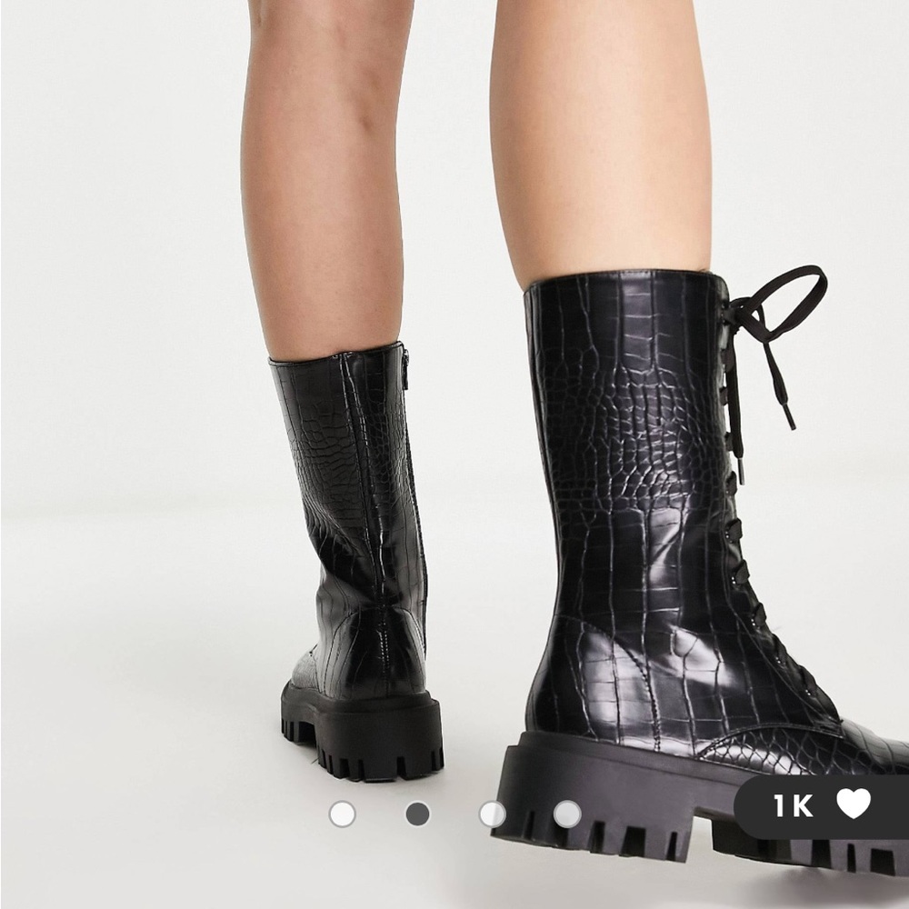 Public Desire Beau lace up biker boots with chunky soles in black croc